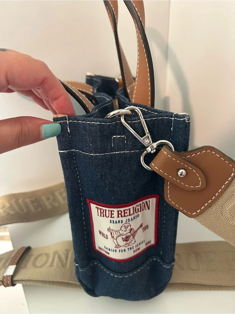 True Religion Denim Mini Tote with Tan Leather Trim